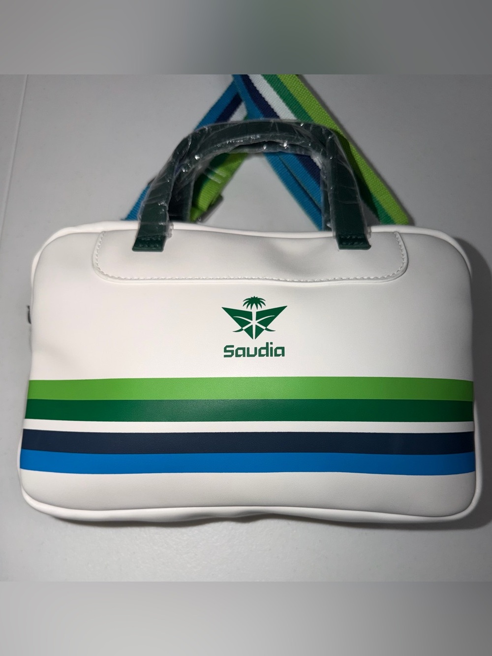 Saudia Airlines Crossbody Amenity Bag – White with Green & Blue Stripes